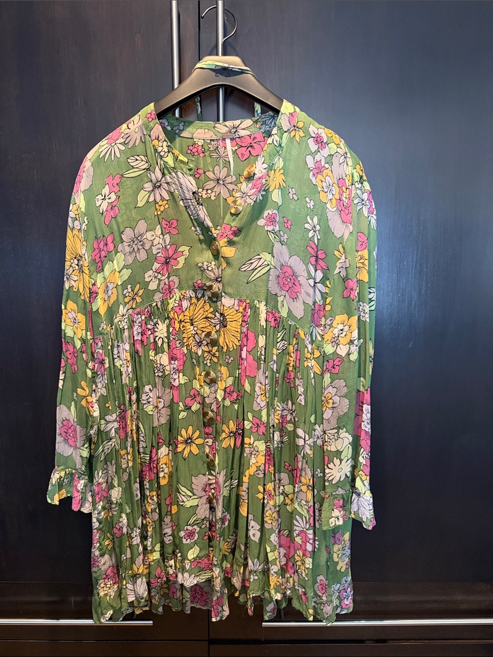 Free People Green Floral Button-Front Tunic Dress